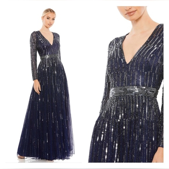 Mac Duggal 4977 NWT Sequined V Neck Illusion Sleeve A Line Gown - Picture 1 of 8